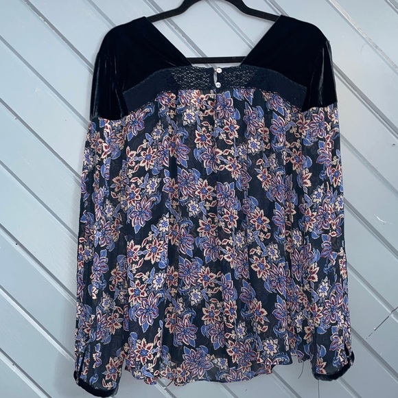 Sundance Silk Blue Velvet Floral Lace Long Sleeve Blouse - Picture 5 of 7